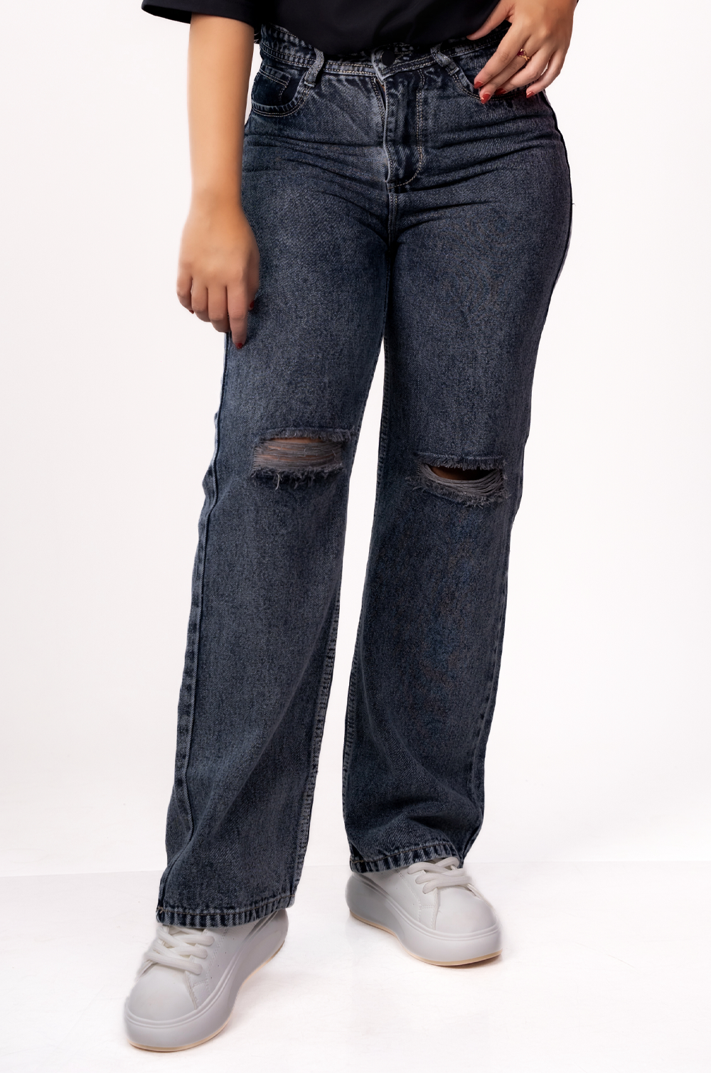 Charcoal Ripped Wide Leg-Denim