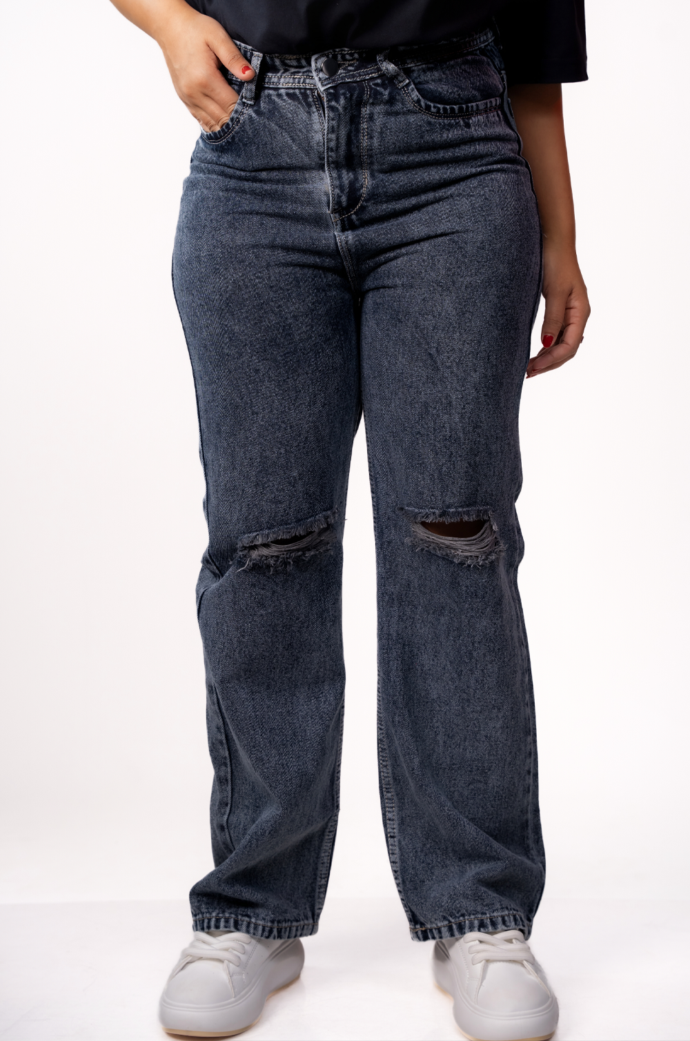 Charcoal Ripped Wide Leg-Denim