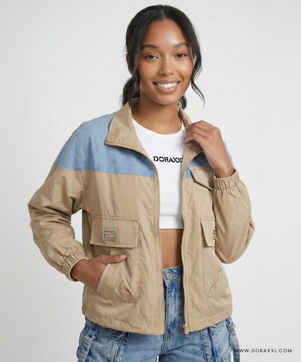 FrostFlex Beige Denim Hoodie Jacket